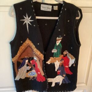Sharon Young Sportswear Holiday Vest Sz M Mary Jesus Manger Scene Embroidered